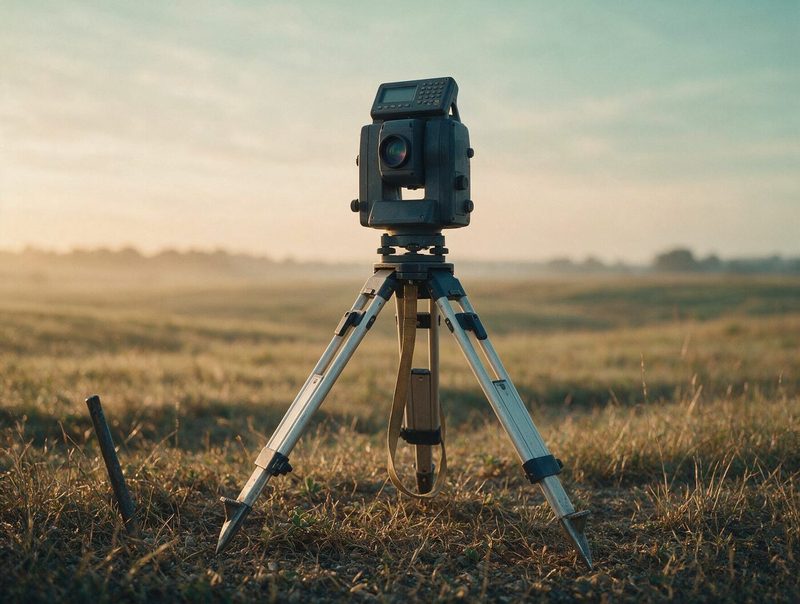 Surveyor's total station instrument set up in an open field at sunrise