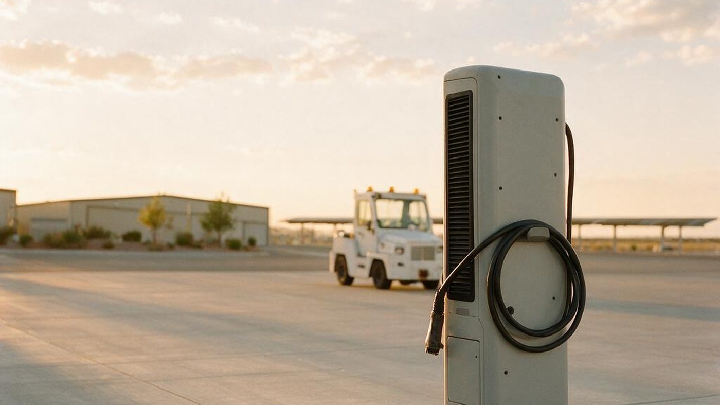 Electric vehicle charging pedestal in an airport landside parking area at golden hour, with an electric ground-support tug, hangars and a solar carport behind it