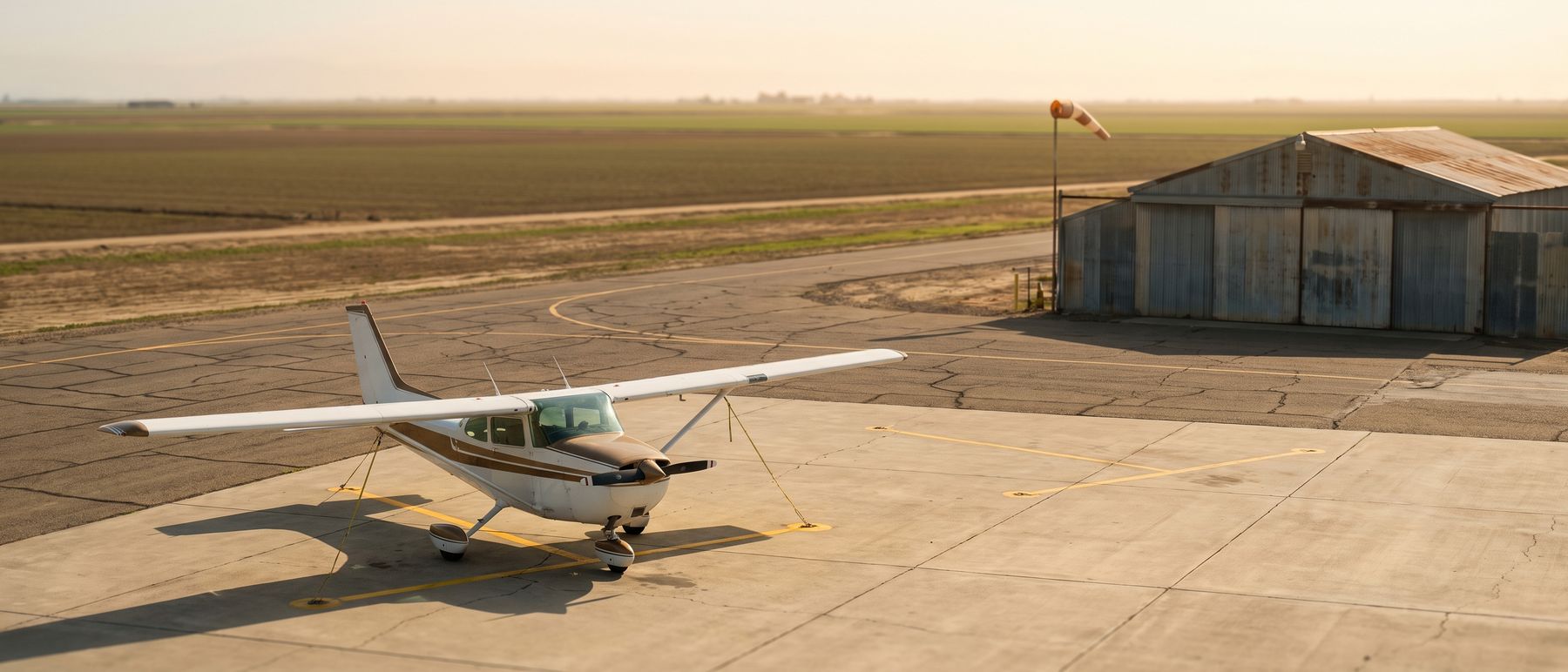 Single-engine aircraft on the apron of a small regional airport at mid-morning, with hangar, windsock and farmland beyond